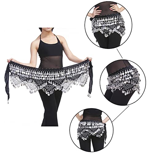 Belly Dancing Waist Chain with 320 Coins - Black & Silver Hip Scarf