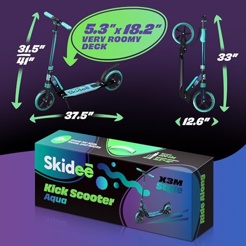 Skidee Adult & Teen Adjustable Folding Scooter - Aqua, Lightweight & Durable