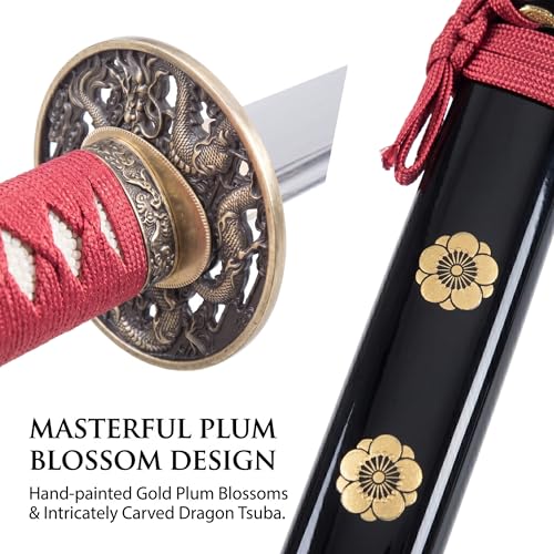 Red Handmade Samurai Katana Sword - Full Tang, Clay Tempered Spring Steel, Plum Blossom Design, for Practice & Collection