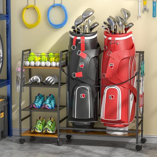 DAOUTIME Golf Bag Storage Rack for Garage | Holds 2 Bags with Wheels & Accessories