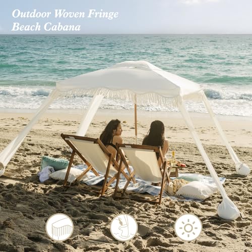 White Fringe Beach Cabana with Wood Poles | 7x7 ft Boho Canopy, UV Protection, Easy Setup