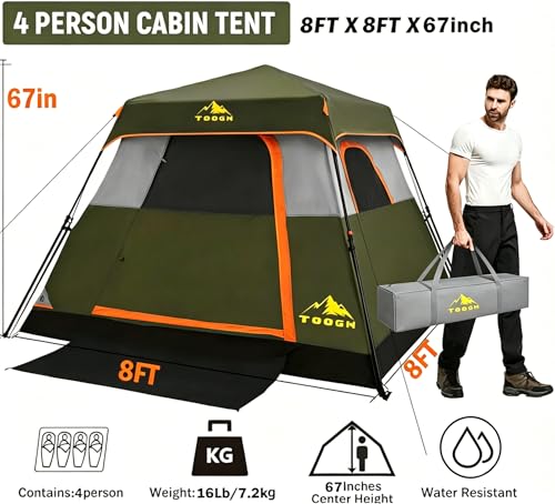 4 Person Army Green Camping Tent with Instant Setup, Waterproof, 8x8 ft, 1 Door & 4 Windows