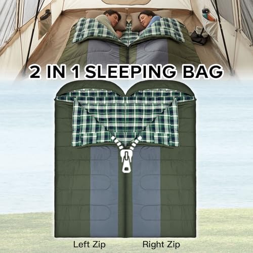 32F Olive Waterproof Sleeping Bag for Adults - 3-4 Season, Right Zip, Machine Washable, Compression Sack
