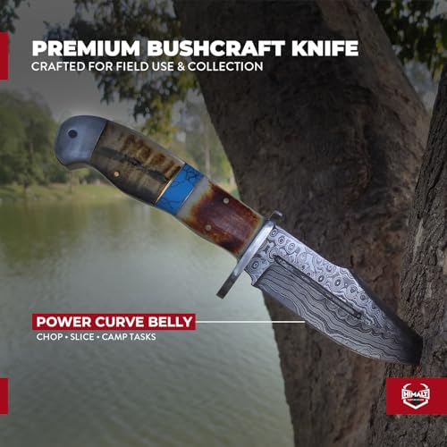 Himalt 10.5" Handmade Damascus Fixed Blade Hunting Knife with Sheath, Ram Horn & Camel Bone Handle, Outdoor Survival Knife for Men