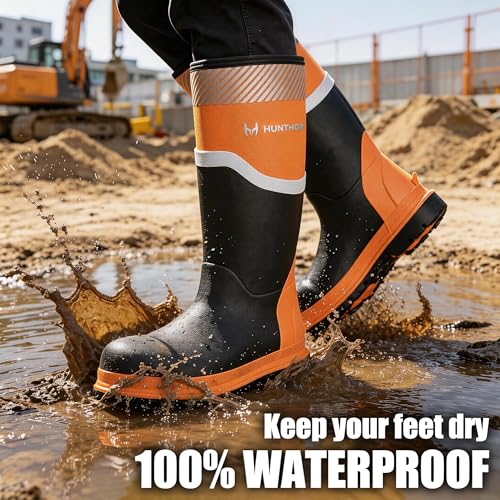 Men's Steel Toe Waterproof Work Boots - Puncture-Resistant Safety Shoes, Black/Orange, Size 9