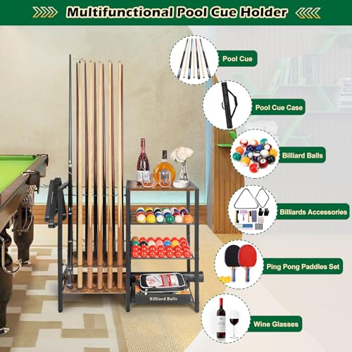 12 Cue Stick Pool Cue Rack Holder Stand with Ball & Accessory Storage - Black Variation