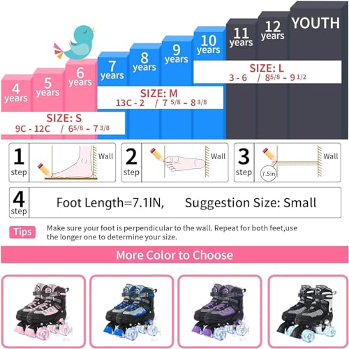Kids Pink Adjustable Light-Up Roller Skates for Ages 6-12 - Large Youth
