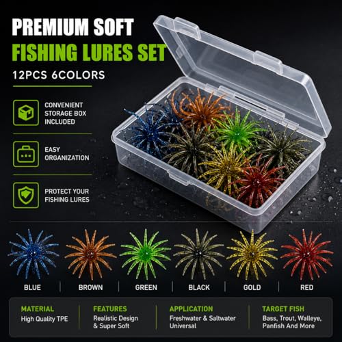 12PCS Soft Fishing Lure Set with Fuzzy Dice & Urchin Baits - 3.54 Inch, Clear Tackle Case Included