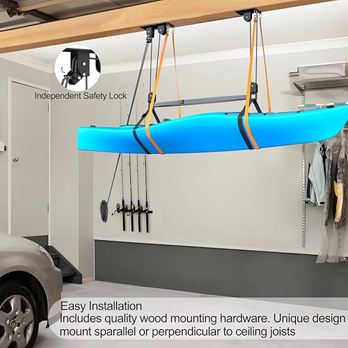 Garage Ceiling Kayak Hoist System with Pulleys for Watercraft Storage