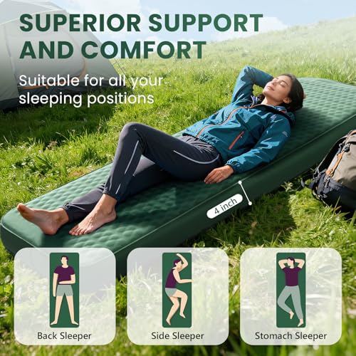 Self Inflating Sleeping Pad with Electric Pump - 4 Inch Ultra Thick Memory Foam Tent Mattress - Green, Single Size