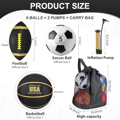 Sratte 6-Piece Sports Ball Set - Official Size Football Basketball Soccer Black Gold