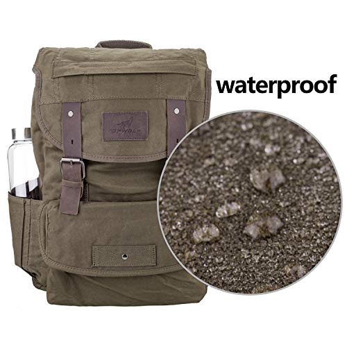 Green Waterproof Waxed Canvas Backpack for Men Travel Rucksack with Leather Trim - One Size
