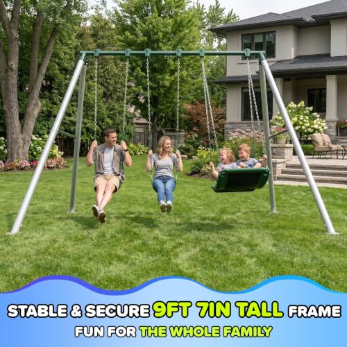 Kids & Adults Metal Swing Set with Skyflyer & 2 Sling Swings - Green/White, 9.5Ft