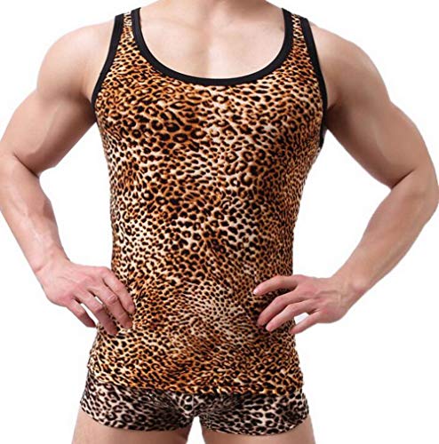 Men's Leopard Print Tank Top Vest Large Yellow Gym Workout Sleeveless Shirt