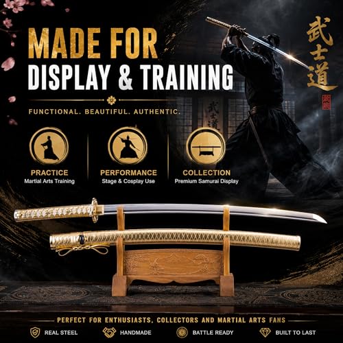 CANGDT Gold Handmade Samurai Katana Sword - 9260 Spring Steel, Full Tang, Practice & Collection
