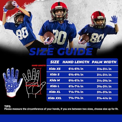 Youth Football Gloves for Boys and Girls - Sticky Wide Receiver Gloves, Blue Red, X-Small