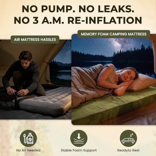 BDEUS Green Twin 75" Memory Foam Camping Mattress Pad - 3 Inch Thick