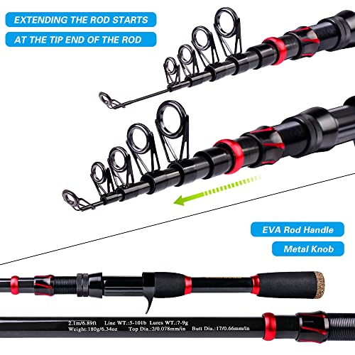 Baitcasting Combo 6.9FT Telescopic Fishing Rod and Reel Set - Left Hand