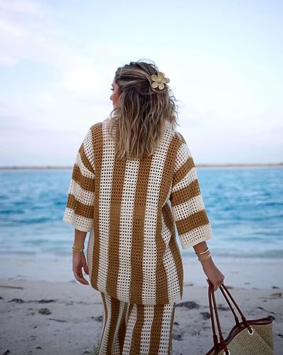 Women Cover Up Sets Button Up Tops with Pants Crochet Outfit Vacation Set - Medium Brown
