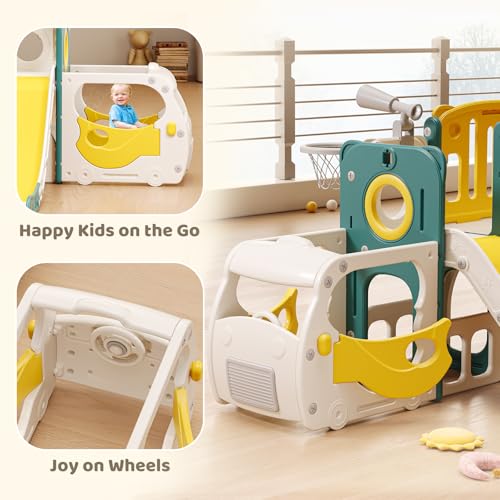 MOCUTEEN Classic Bus Toddler Slide Playset with Climber & Basketball Hoop - Indoor & Outdoor Kids Playground