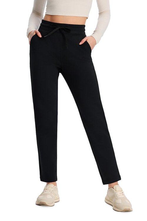 Yogipace Petite Women's CozyWarmth High Rise Thick Fleece Lined Ankle Pant Thermal Winter Straight Leg Sweatpants with Pockets,25",Black,Size L