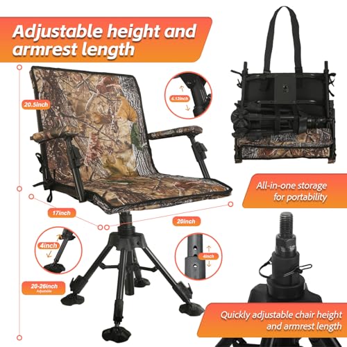 FUNHORUN Camouflage-Black Hunting Chair with Removable Camo Cover, 360° Swivel, Foldable Ground Blind Seat