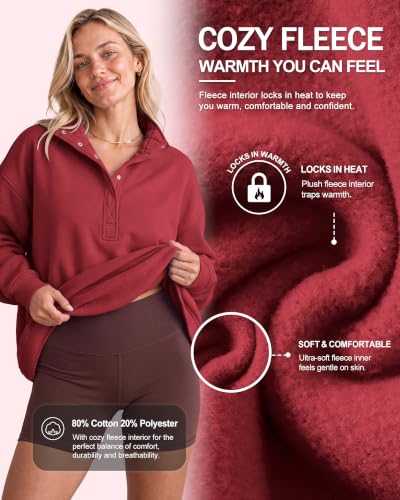 Oversized Womens Sweatshirt Henley Neck Pullover Top - Large Burgundy