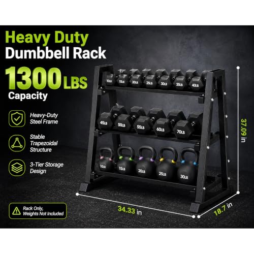 Heavy Duty 3-Tier Dumbbell Rack Stand for Home Gym Storage, 1300 lb Capacity