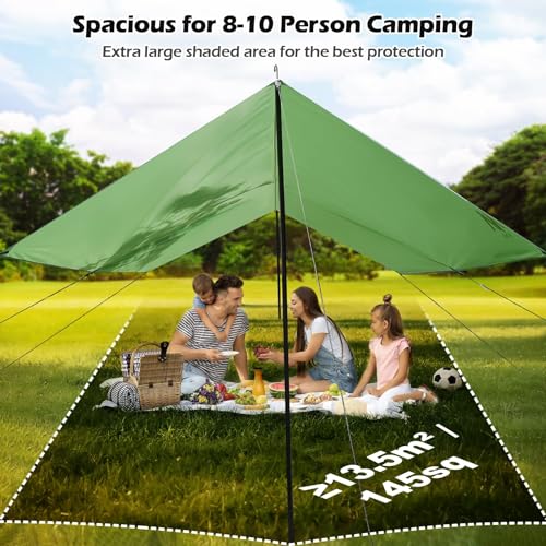 Extra Large Waterproof Camping Tarp 10x15ft with Poles Heavy Duty UV Block & All-Weather Shelter