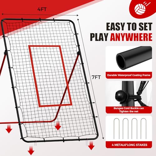 Red Volleyball Rebounder Net - Portable 7x4 ft Training Equipment for Spike & Smash - 5 Rebound Angles