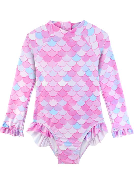Pink Mermaid Baby Girl Ruffle Swimsuit One Piece with UPF 50+ Sun Protection - 4-5T