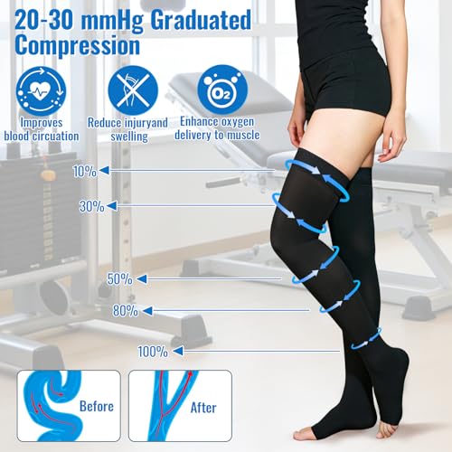 Black Large Thigh High Compression Stockings 20-30 mmHg Open Toe - Bewzilove