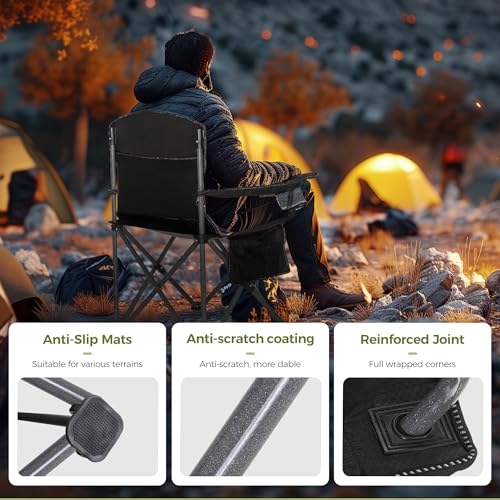 Oversized Camping Folding Chair with Cup Holders - Heavy Duty Steel Frame, 350 LBS Support, Black & Grey 2-Pack