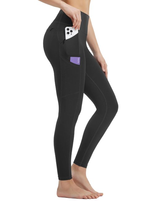 baleaf Women's Leggings with 6 Pockets 25'' High Waisted Workout Yoga Tummy Control 7/8 Ankle Pants Black M