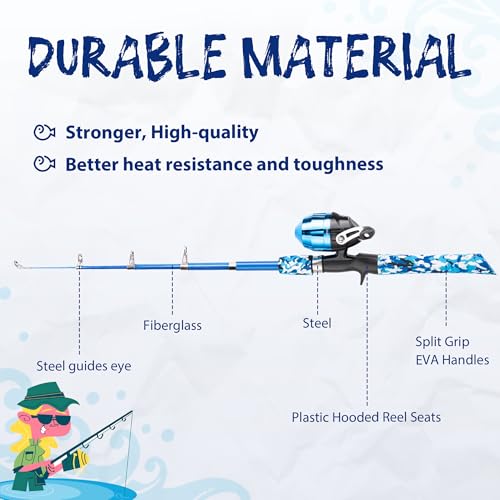 Kids Fishing Pole Kit with Reel - Collapsible Telescopic Rod for Boys & Girls, Pink/Blue/Green, Age 3+