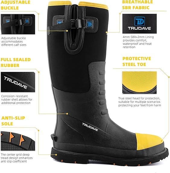 Trudave Steel Toe Rubber Work Boots for Men - Waterproof, Anti-Slip, Black, Size 6-14