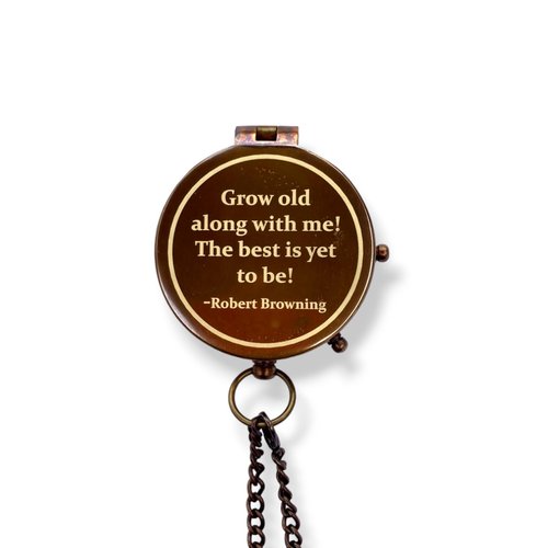 Grow Old Along with Me Brass Compass | Engraved Robert Browning Quote | Vintage Compass with Leather Case | Romantic for Him or Her