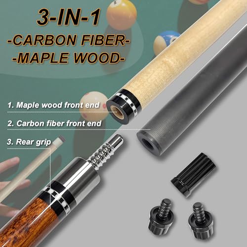 HomeSeason 3-in-1 19oz Carbon Fiber & Maple Wood Pool Cue Stick - Brown, 58" Professional Billiard Cue with Screw-In Extension & Leather Case