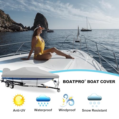 Trailerable Boat Cover 16-18.5ft with Outboard Motor Cover Waterproof UV-Resistant Gray