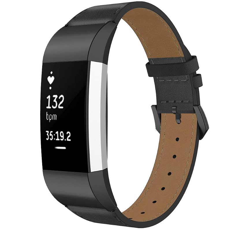 Leather Band for Fitbit Charge 2 - Simpeak Genuine Leather Wrist Strap, Black