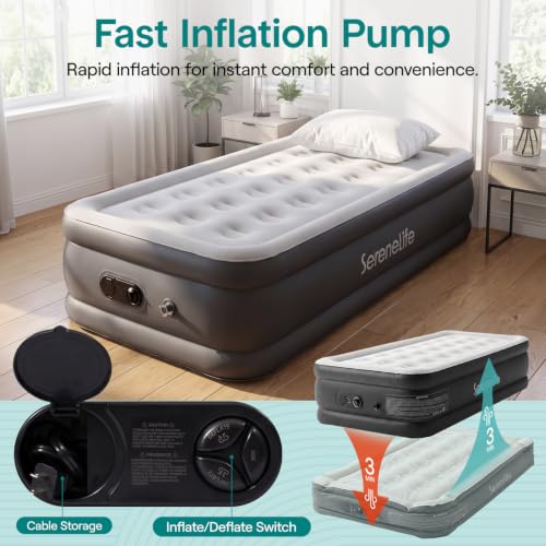 SereneLife Twin Size Raised Air Mattress with Built-in Pump, Waterproof Plush Top, 39-Inch Wide, 700 lbs Capacity — Gray