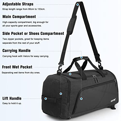 60L Waterproof Duffle Backpack with Wet Pocket & Shoe Compartment - Dark Grey/Black