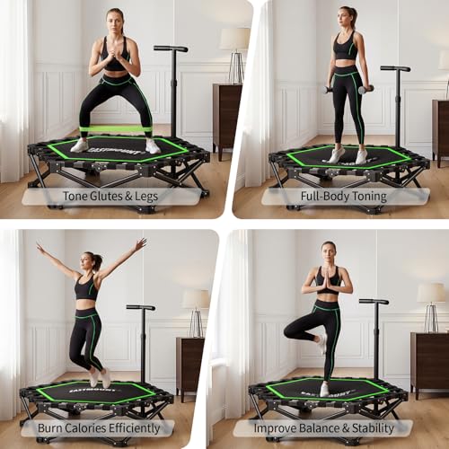 EAST MOUNT Green 42-Inch Foldable Mini Trampoline for Adults, Quiet Indoor Rebounder with Adjustable Handle, 450lbs Capacity