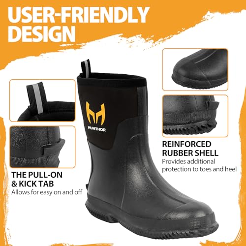 Hunthor Men's Rubber Work Boots with Steel Shank Black - 6mm Neoprene Insulated Waterproof Rain Boots for Hunting Gardening Farming Fishing - Mid Calf