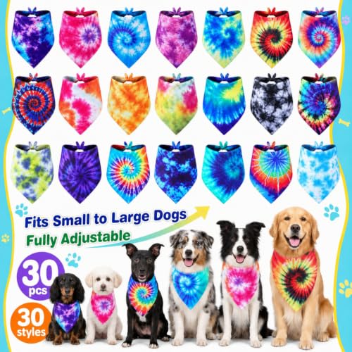 Large Dog Bandanas Set - 30 Tie Dye Wraps for Large Breeds, Extra Large