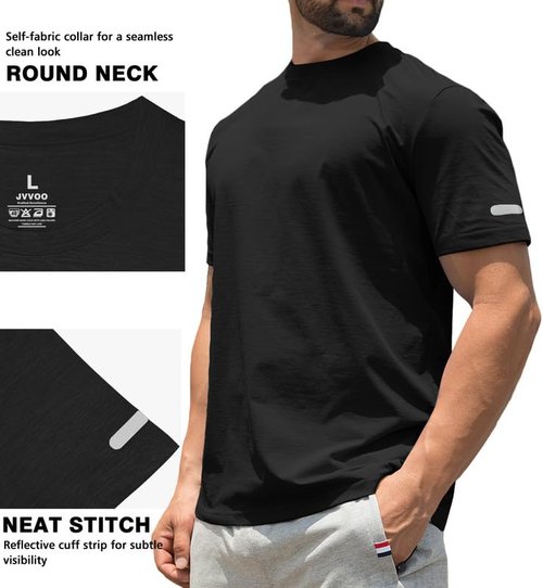 JVVOO Men's Muscle Slim Fit T-Shirt Workout Athletic Reflective Short Sleeve Tees Shirts for Night Running & Gym Black L