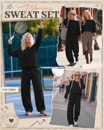 Women 2 Piece Sweat Set - Medium Black Matching Lounge Outfit