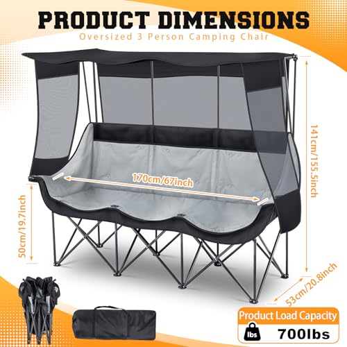 Teenyyou 3-Person Camping Chair with Canopy - Heavy Duty Black, Supports 700lbs