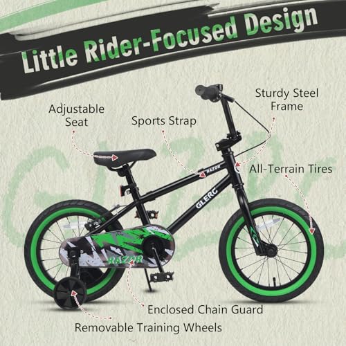 Glerc Kids BMX Bike 14 Inch for Ages 3-5, Green & Black, Training Wheels