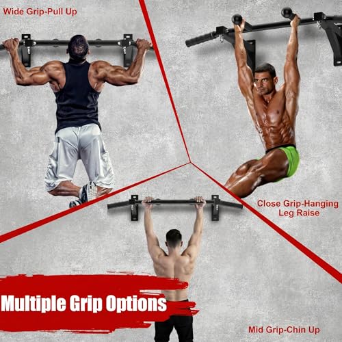 HWOOUSA 24'' Wall Mount Heavy Duty Steel Pull Up Bar | Multi Grip Home Gym Equipment